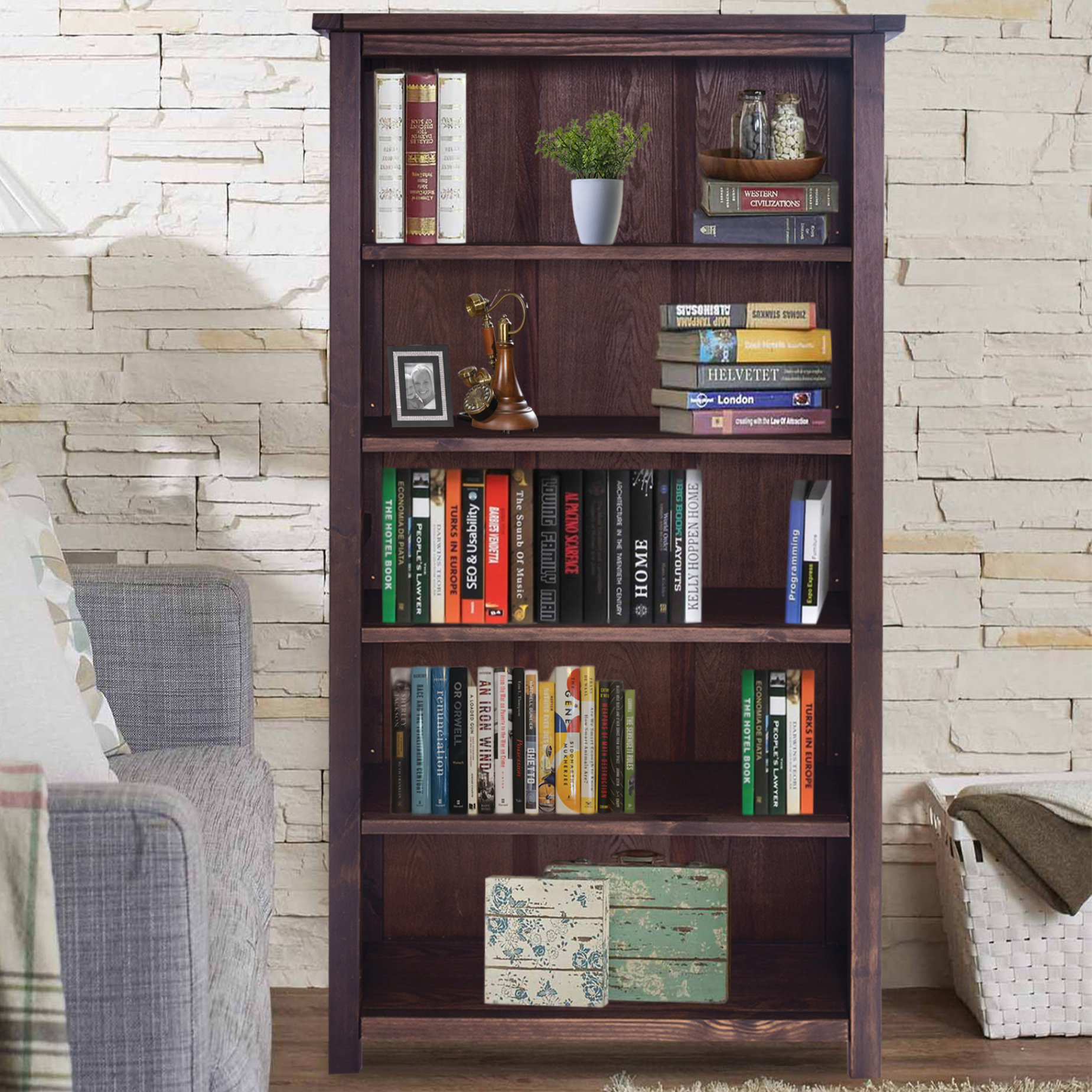 Solid Wood Standard Bookcase Red Barrel Studio Color Dark Brown Size 69.7 H x 35.2 W x 13.3 D